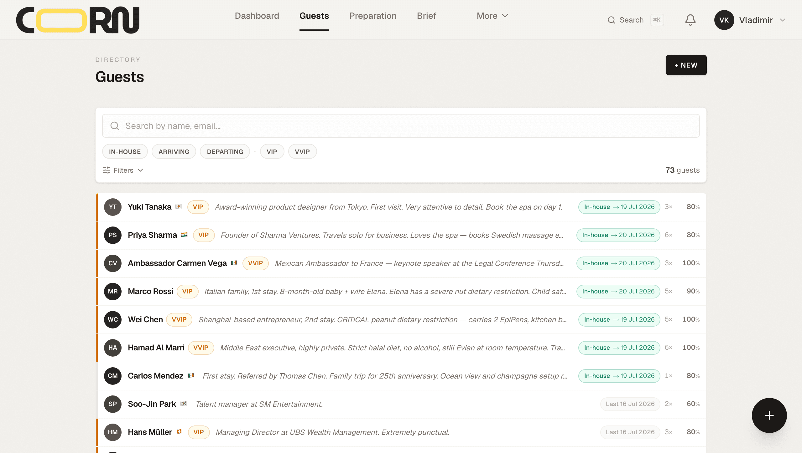 CORN guest list screen — rows of arriving and in-house guests with VIP level and key flags