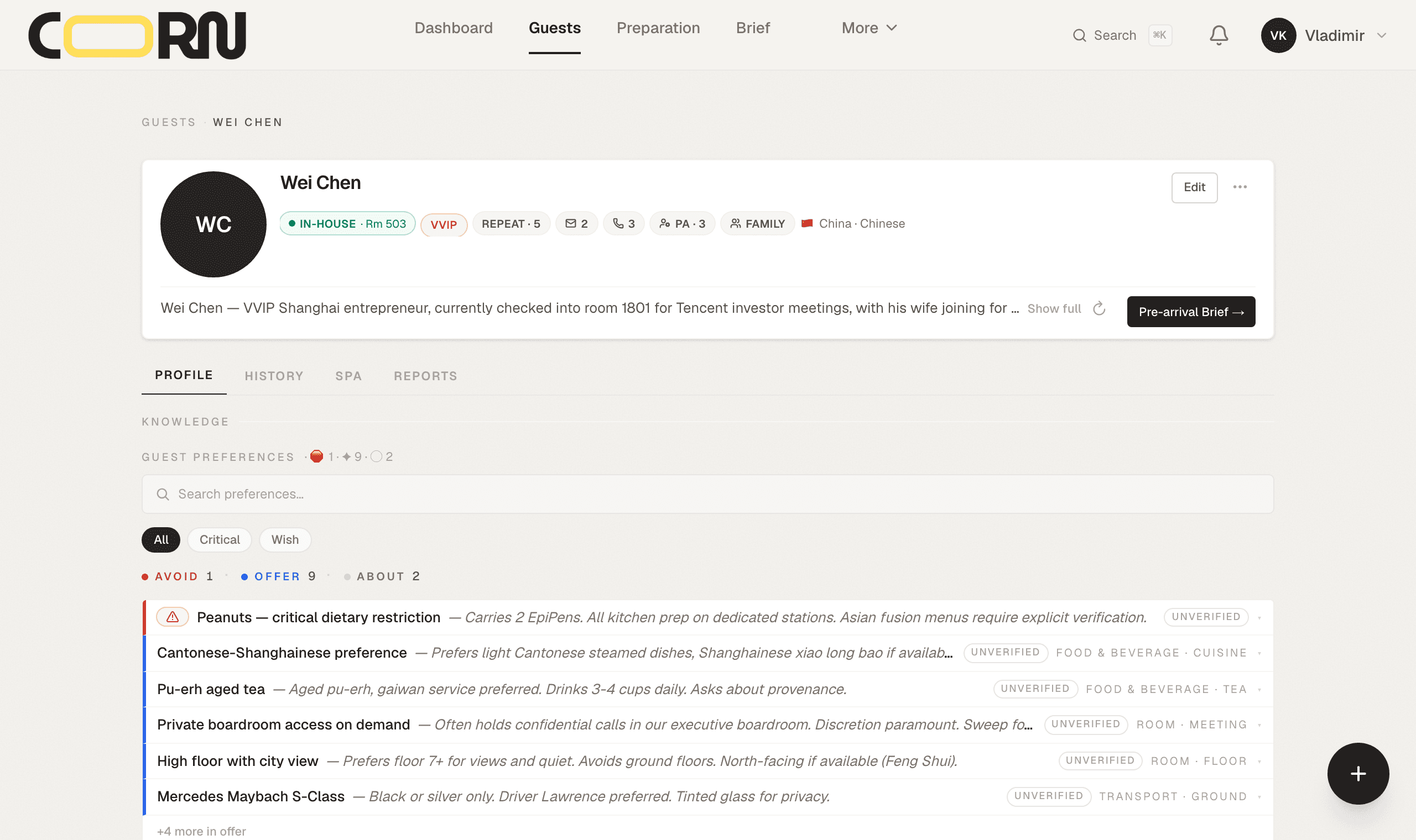 CORN guest profile — preferences, dietary restrictions, and stay history organised by category