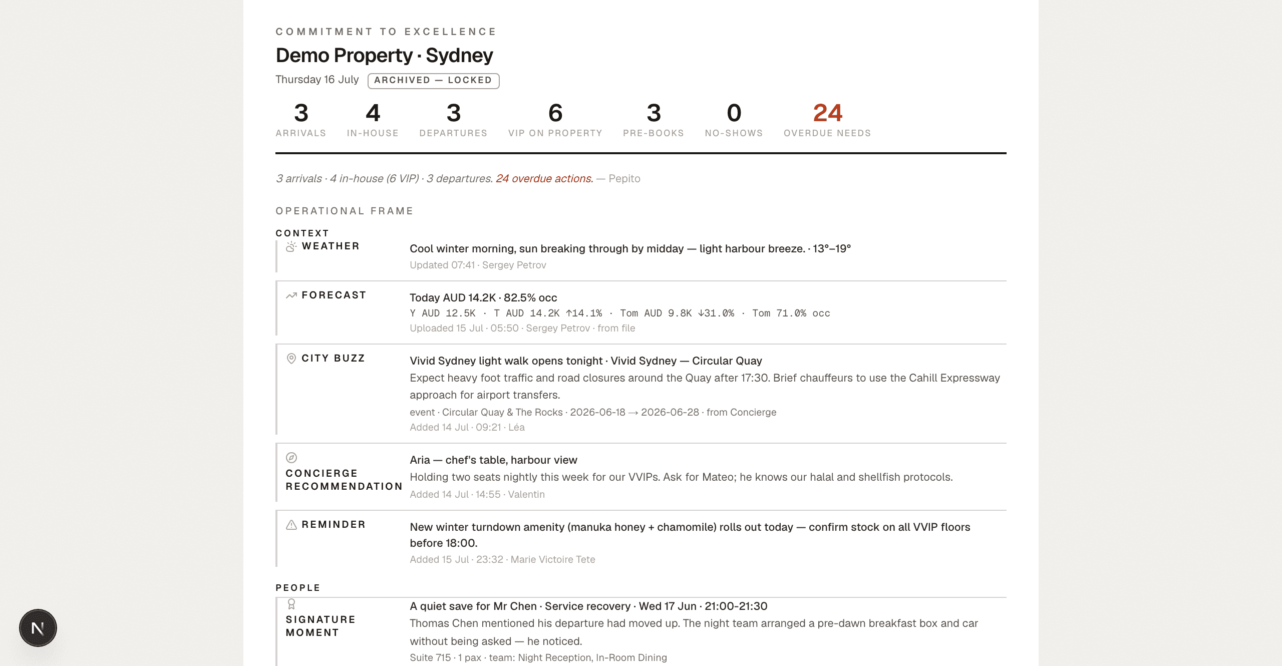 CORN daily brief screen — arrivals, flags, and tasks organised by department for the day's shift